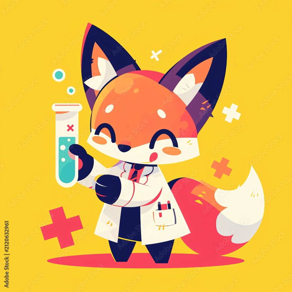 Fototapeta premium Cute fox doctor holding medical test tube. Little animal scientist in white coat working in laboratory. Vector illustration character for children greeting card, poster and sticker design.