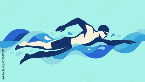 Flat vector illustration of a swimmer performing freestyle stroke in open water. Ideal for swimming competitions, aquatic sports, triathlon, fitness, and Olympic event promotions.
