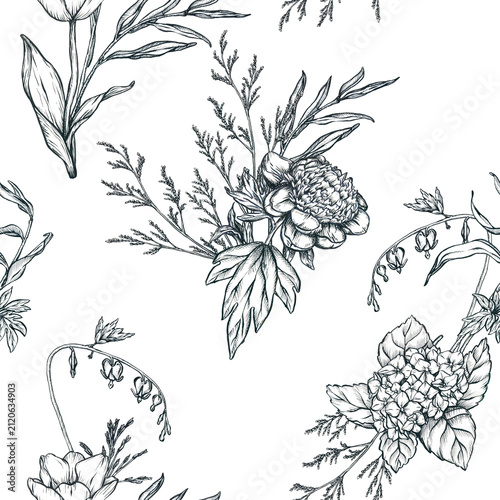 Foto Seamless floral pattern with garden flowers and wildflowers