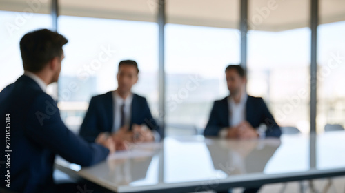 Blurred Abstract of Diplomat and Foreign Representative Seated Across Conference Table Inside Institutional Meeting Room