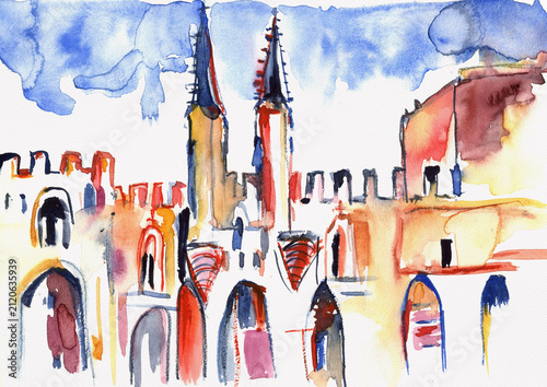 Expressive Avignon skyline with the Palace of the Popes in France, hand-painted watercolor