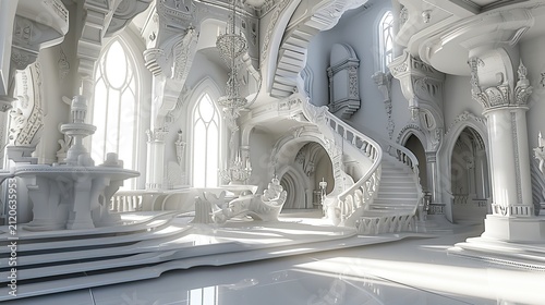 Otherworldly White Marble Interior with Grand Spiral Staircase and Arched Windows