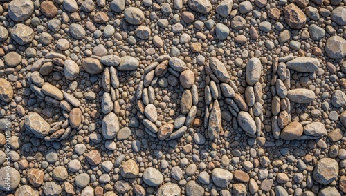 Close-up pebble ground pebbles different sizes colors including gray brown beige arranged random pattern overl