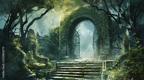 Overgrown Forest Ruins Beside a Sunlit Arched Archway and Crumbling Stone Staircase