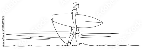 Canvas Print Surfer Carrying Surfboard on Beach Shoreline Continuous Line Art, Surfing Lifest