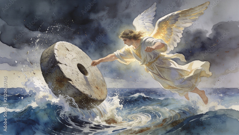 Obraz premium Angel casting a millstone into the raging sea. Biblical representation of the apocalypse and revelation. Symbolic destruction for the Last Judgment. Religious concept of divine power.
