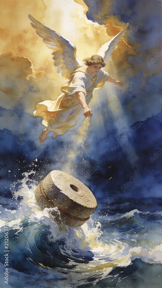 Obraz premium Mighty angel casting a great millstone into the sea to signify the fall of Babylon as described in the biblical apocalypse. Divine judgment and prophecy of the New Testament revelation.