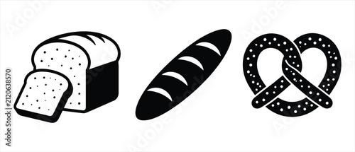 Bakery product icon collection loaf baguette and pretzel symbols with baguette
