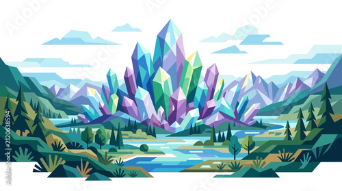 Cuadro en lienzo Vibrant Crystal Formation in a Lush Mountain Landscape with River and Forest - P
