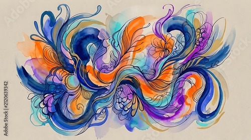 Abstract Watercolor Illustration with Vibrant Flowing Lines and Organic Swirling Shapes on Paper