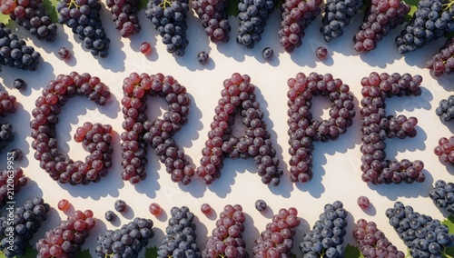 Flat lay word grape spelled red grapes arranged way form letters alphabet each letter slightly overlapping bac