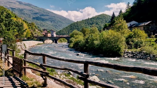 Panoramic View of Ormea Village with Tanaro River and Stone Bridge