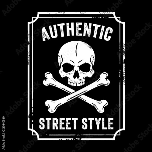 Monochrome vector illustration of a skull and crossbones in a distressed frame. Features 