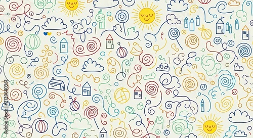 Colorful hand drawn doodle background with whimsical elements and illustrations