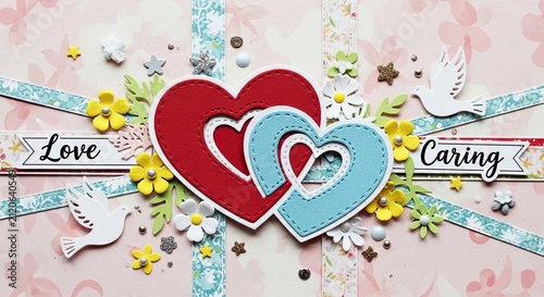 Decorative hearts and floral elements on a pastel background design