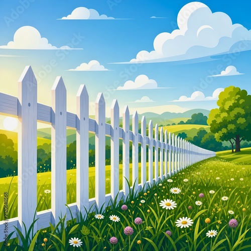 picket fence with grass,  White wooden fence on the background of a green field, hills and wildflowers on a sunny summer day