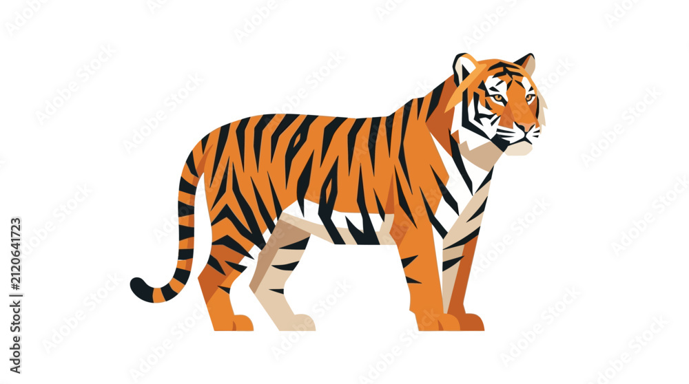 Obraz premium Stylized Tiger Illustration - Fierce Wild Animal on White Background, Flat Design