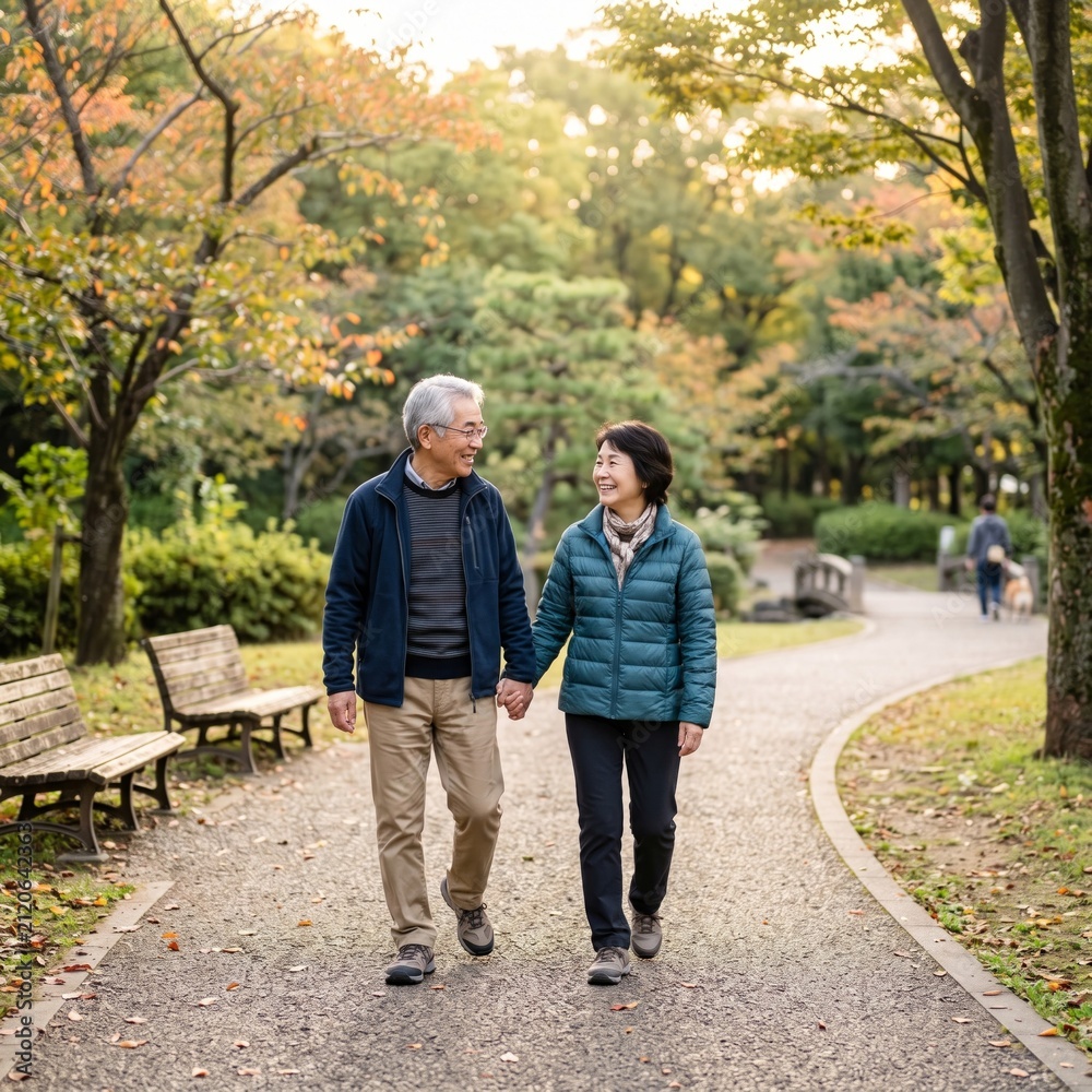 Fototapeta premium Senior East Asian couple walking hand-in-hand in a park