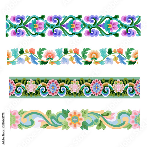 Traditional Korean Dancheong floral and scroll pattern decorative borders set