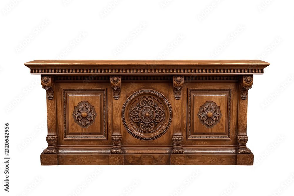Fototapeta premium Ornate carved wooden reception counter with circular medallion isolated on transparent background