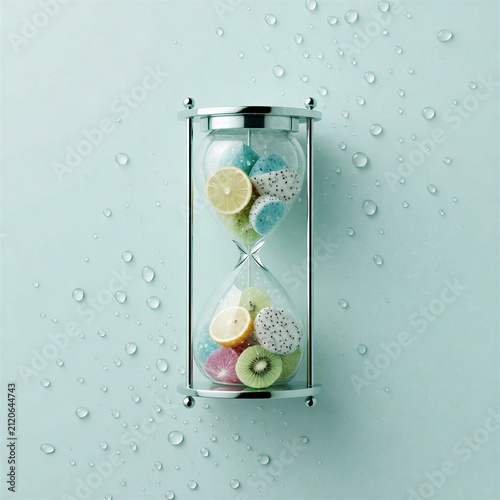 Hourglass filled with colorful candies on blue background with water droplets  