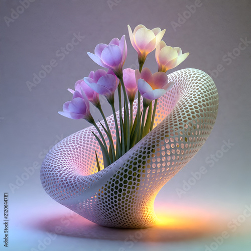 Elegant vase with pink flowers glowing in soft light background  
