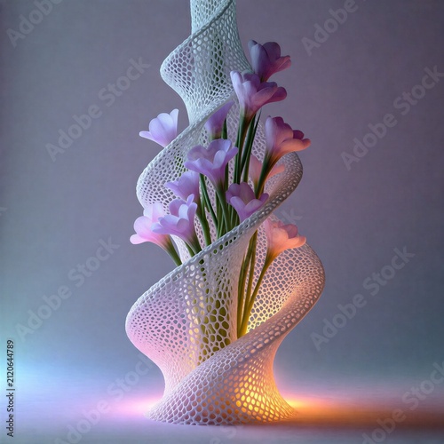 Modern vase with purple flowers illuminated in soft light  