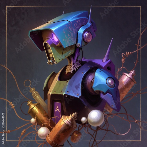 Robot character with colorful design and creative accessories  
