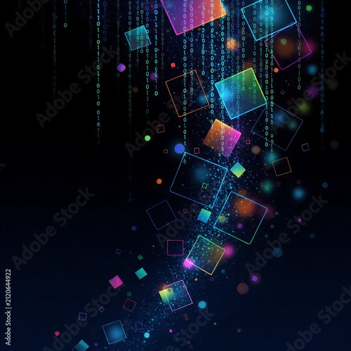 Gear hanging in dark environment with digital patterns in background  