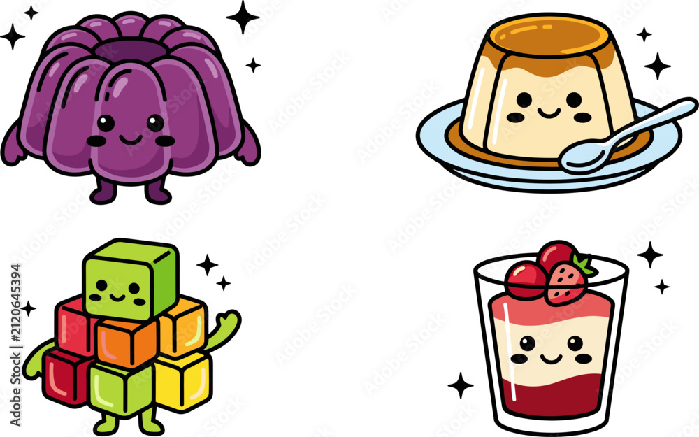 Obraz premium Cute Kawaii Dessert Character Collection Featuring Smiling Sweet Food Mascots in Colorful Cartoon Style for Kids Branding Design