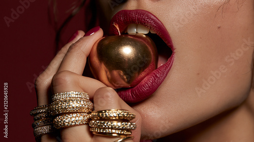 Woman Holding Golden Sphere with Deep Red Lips