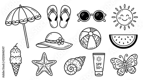 Set of summer beach essentials hand drawn doodles including sun hat and sunglasses with vacation