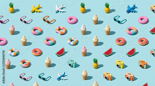 Summer vacation concept flat lay with miniature beach objects on blue background ice cream vacation
