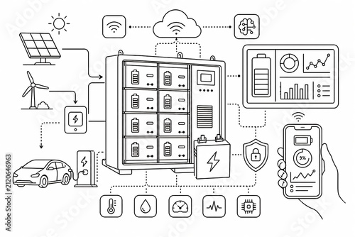 Smart battery energy storage system with renewable solar and wind power, EV charging, cloud monitoring and mobile app outline vector.
