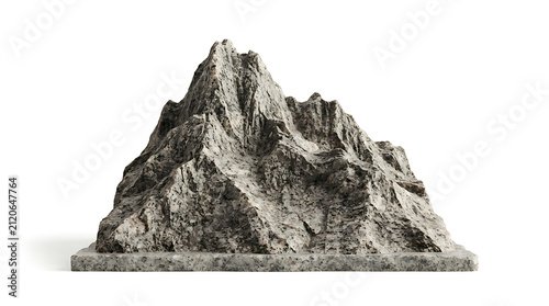 Mountain model is displayed as a miniature textured sculpture on a flat stone base.