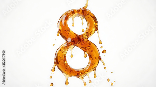 Number eight is crafted from amber colored syrup creating a golden dripping effect on a white surface.