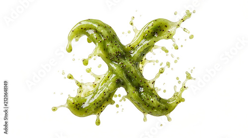 Letter X formed by fresh kiwi fruit puree displays a vibrant green splash against a clean background.