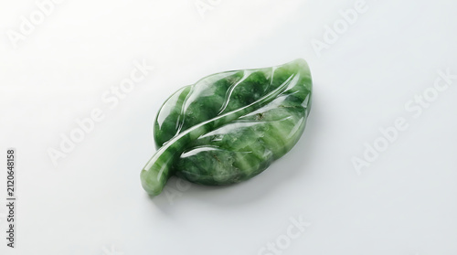Jade leaf carving rests on a clean surface showcasing natural textures and traditional craftsmanship.