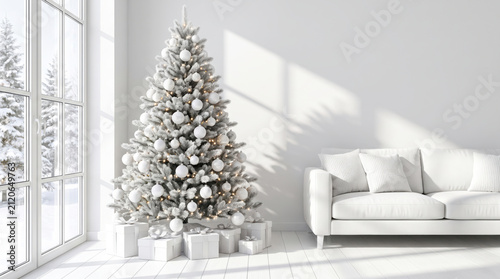 Minimalist Christmas tree with white ornaments in a bright modern living room