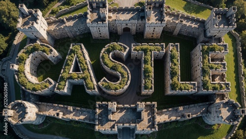 Aerial castle word spelled large letters center made multiple towers turrets moat surrounding stone have intri