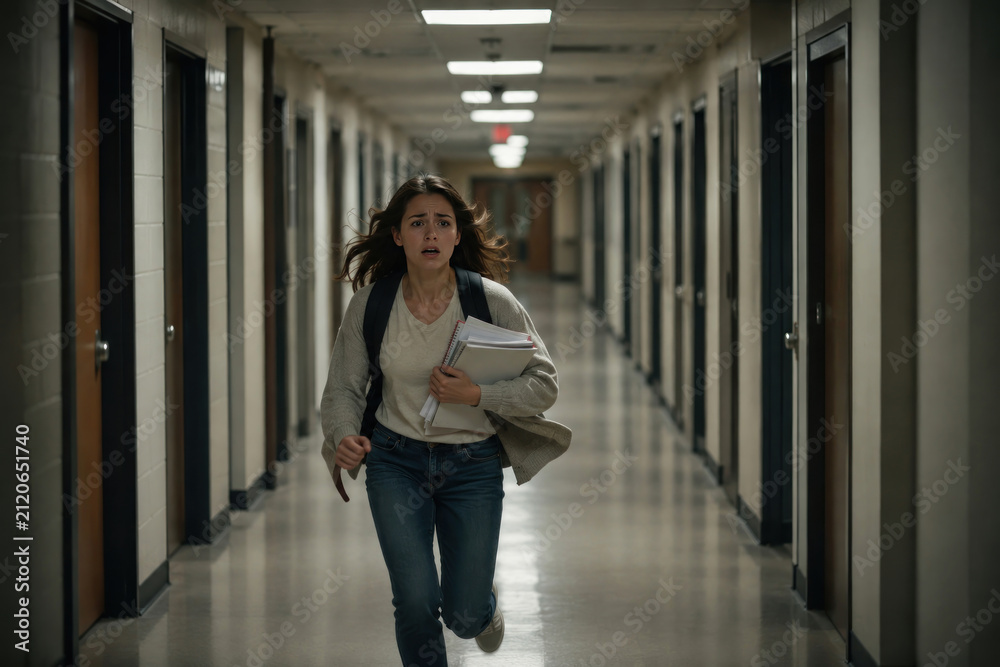 Fototapeta premium Anxious College Student Running Late for Class with Books