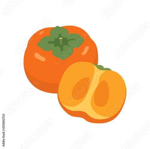 秋の味覚 柿の果実と断面のベクターイラスト