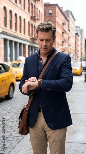 Professional man checking watch while walking on a busy New York city street