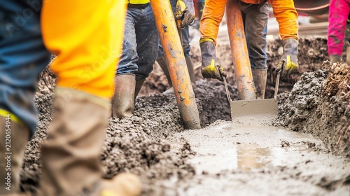 Construction Workers Pouring Wet Concrete into Trench Foundation