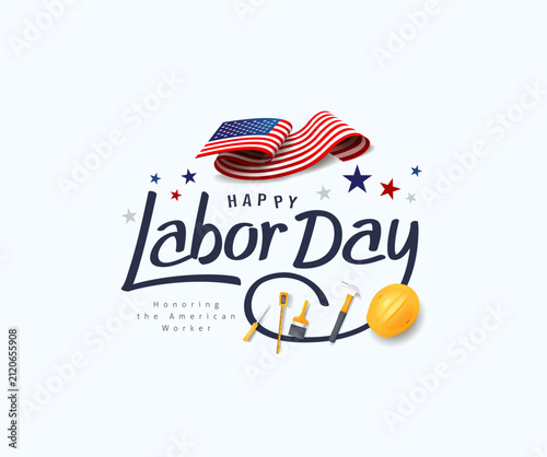 Happy labor day hand lettering background banner template with USA flag and tool decoration.