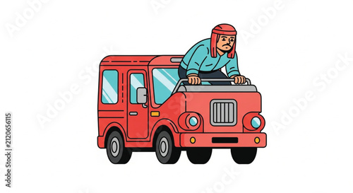 Flat cartoon red van illustration with simple design and clear lines, isolated on white background.