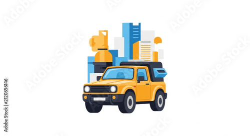 Flat Cartoon Yellow SUV Loaded with Goods and Luggage, Minimalist Vector Illustration for Transport and Travel Concepts