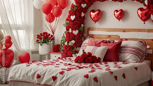 Romantic Valentine?s Day Themed Bedroom with Red Heart Decor, Petals, and Soft Bedding