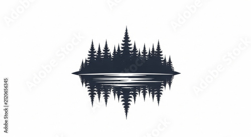 Minimalist black pine tree silhouettes reflected in still water, representing peace and nature