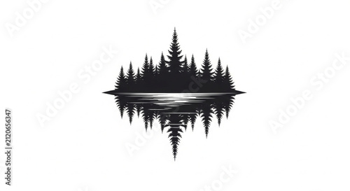 Minimalist Black Silhouette of Pine Trees Reflected in Water
